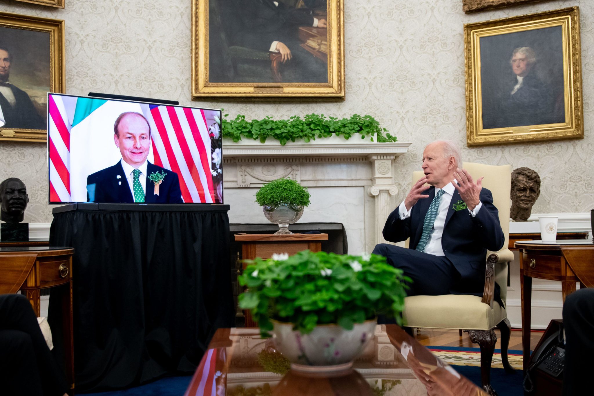 Taoiseach Micheál Martin virtually meets with US President Joe Biden in the Oval Office, 17-03-2021. Image: Erin Scott/Pool via CNP /MediaPunch