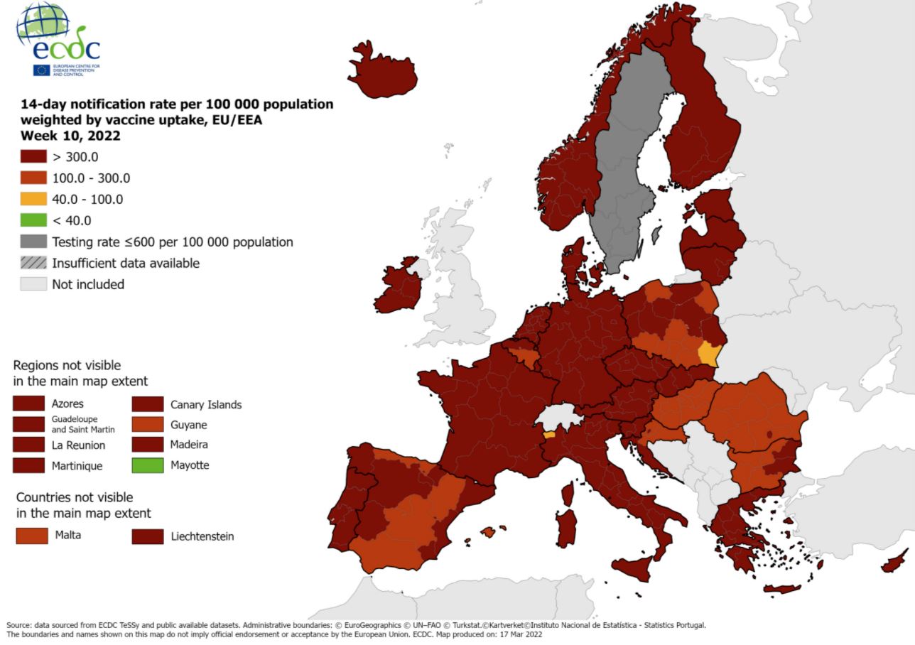 The 14-day notification rate weighted by vaccine uptake across the EU on March 17th 2022. 