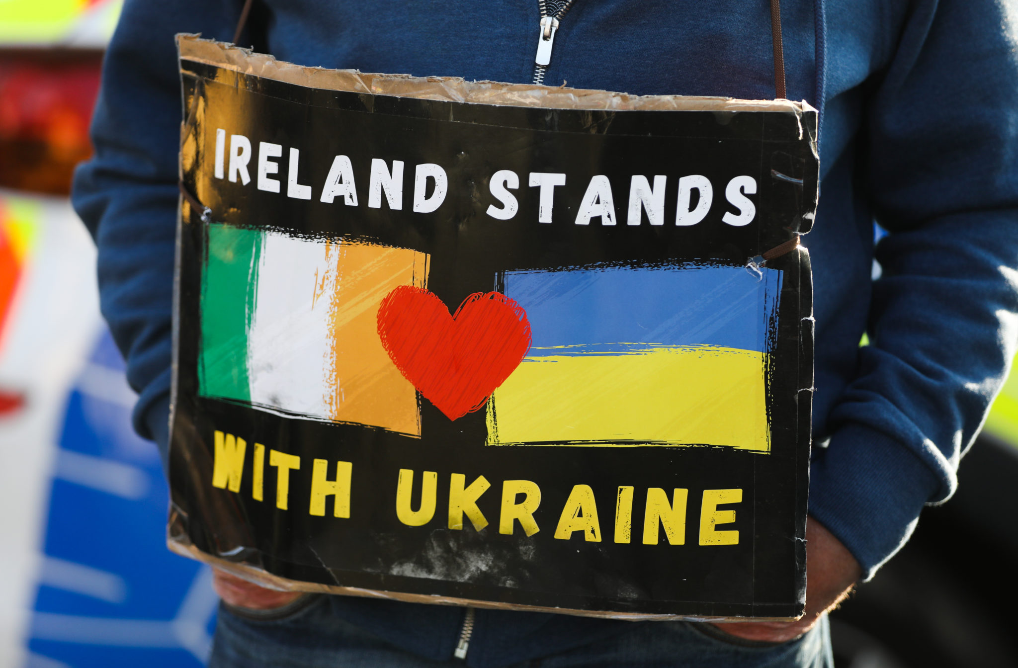 A poster outside the embassy of the Russian Federation in Dublin in March 2022.