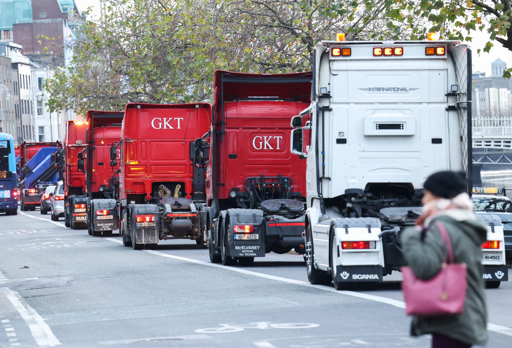 A November 2021 file photo shows a convoy of trucks on the quays in Dublin in a protest against fuel prices