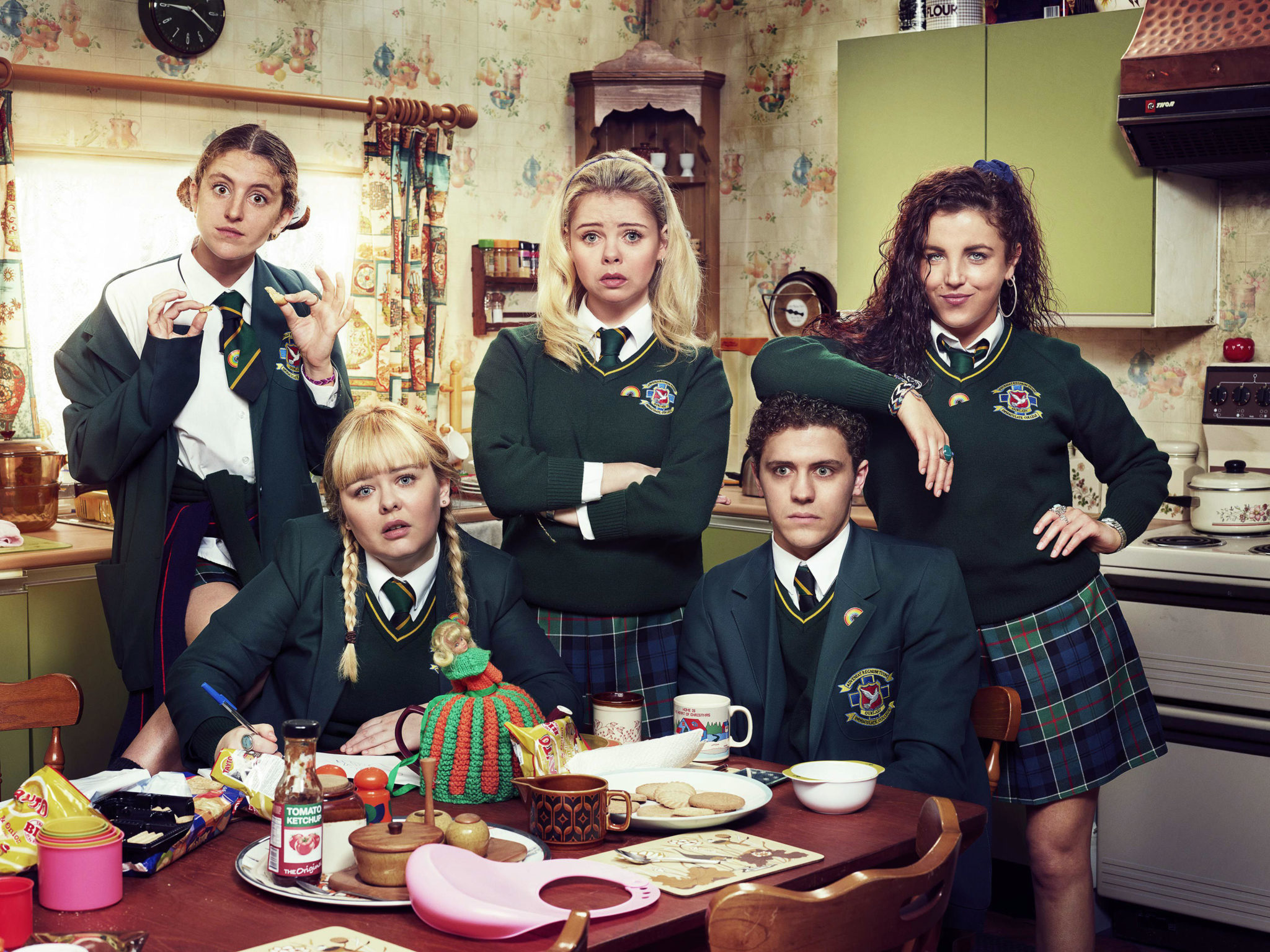 A scene from 'Derry Girls' shows actors Louisa Harland, Nicola Coughlan, Saoirse-Monica Jackson, Dylan Llewellyn and Jamie-Lee O'Donnell.