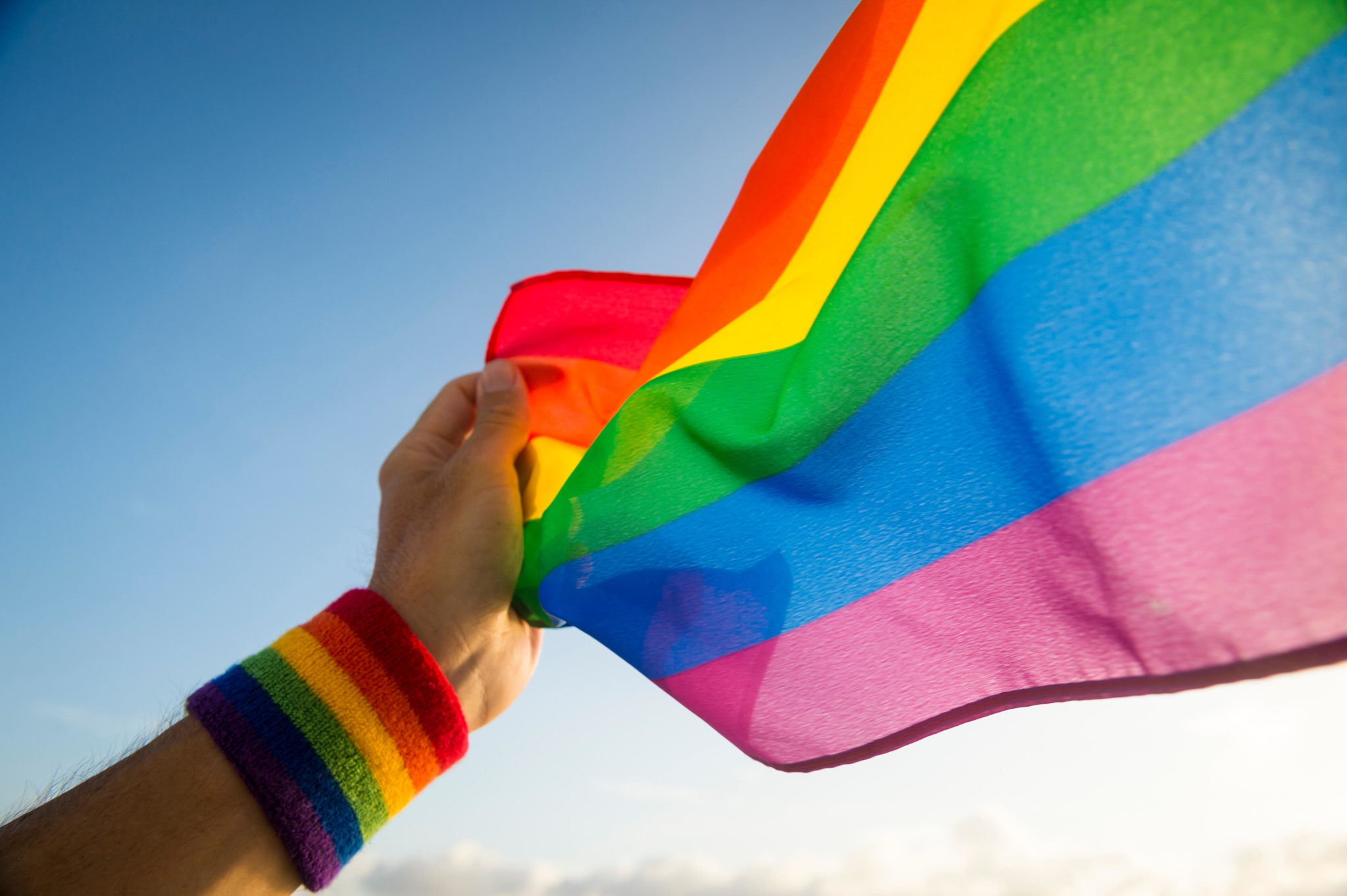 A hand holding a Pride flag.
