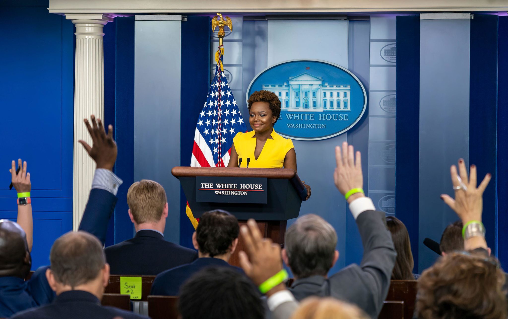 Karine Jean-Pierre is seen during a daily press briefing at the White House in Washington, DC in May 2021.