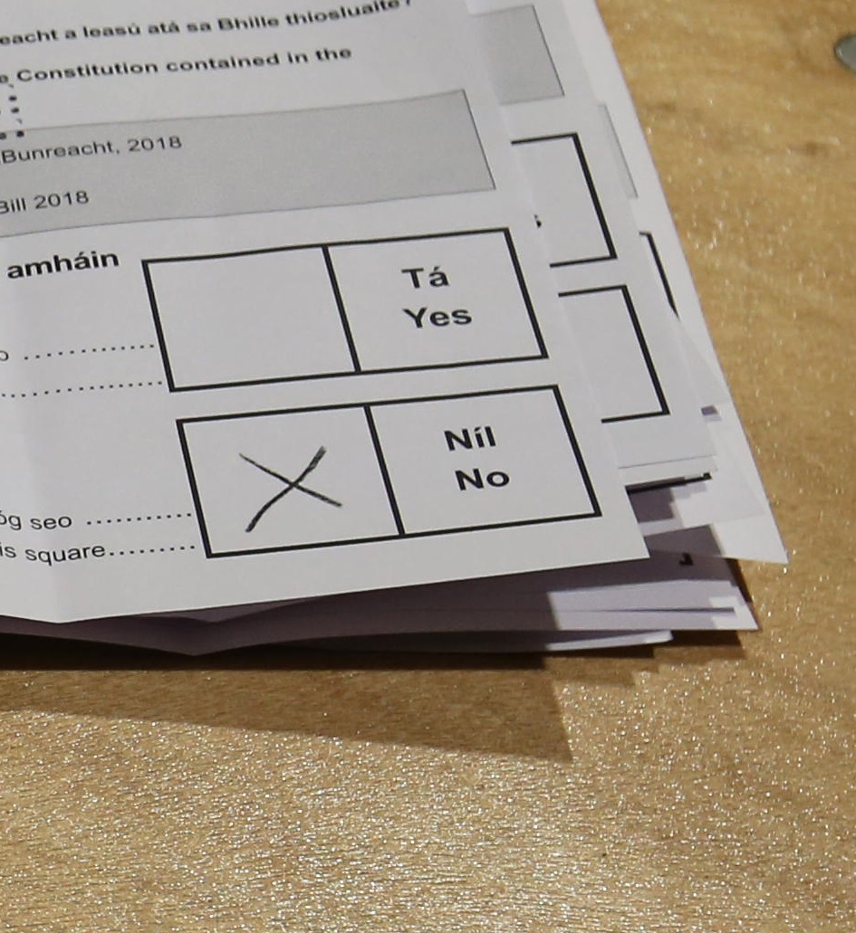 A ballot paper is seen marked during a referendum vote count at the RDS in Dublin in May 2018