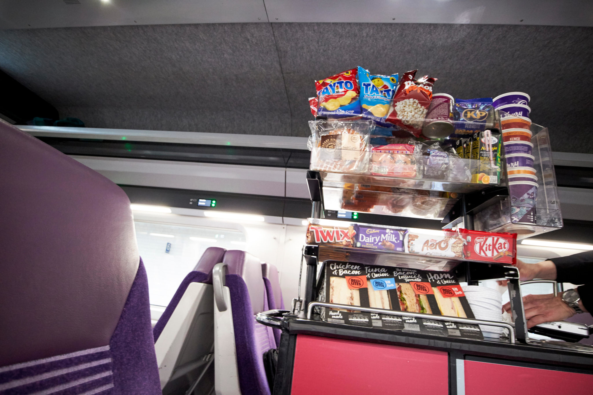 A food trolley cart is seen on the Enterprise train between Belfast and Dublin in MArch 2019.
