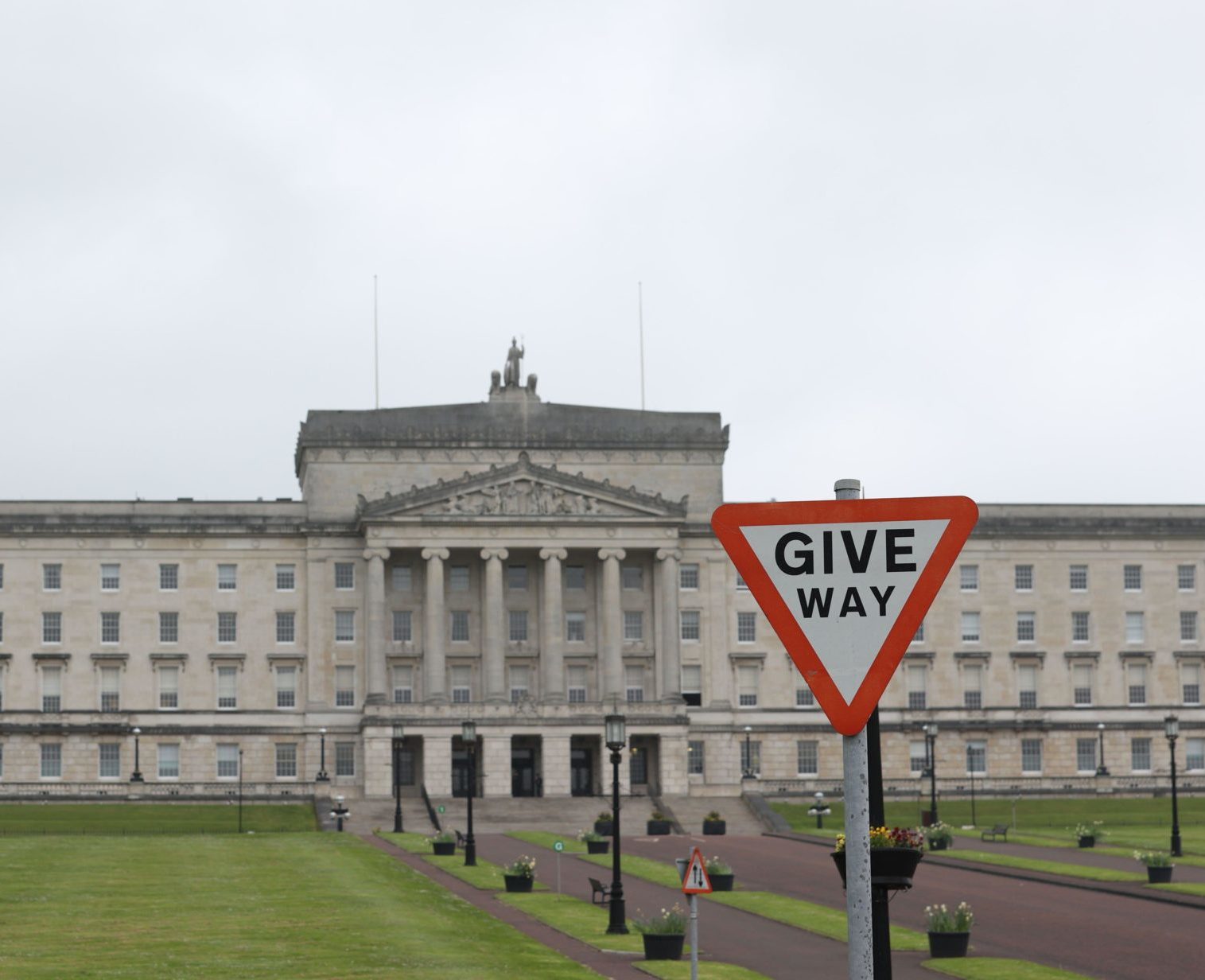 A 'Give Way sign' at the Stormont parliament buildings in Belfast, Northern Ireland on May 9th 2022.