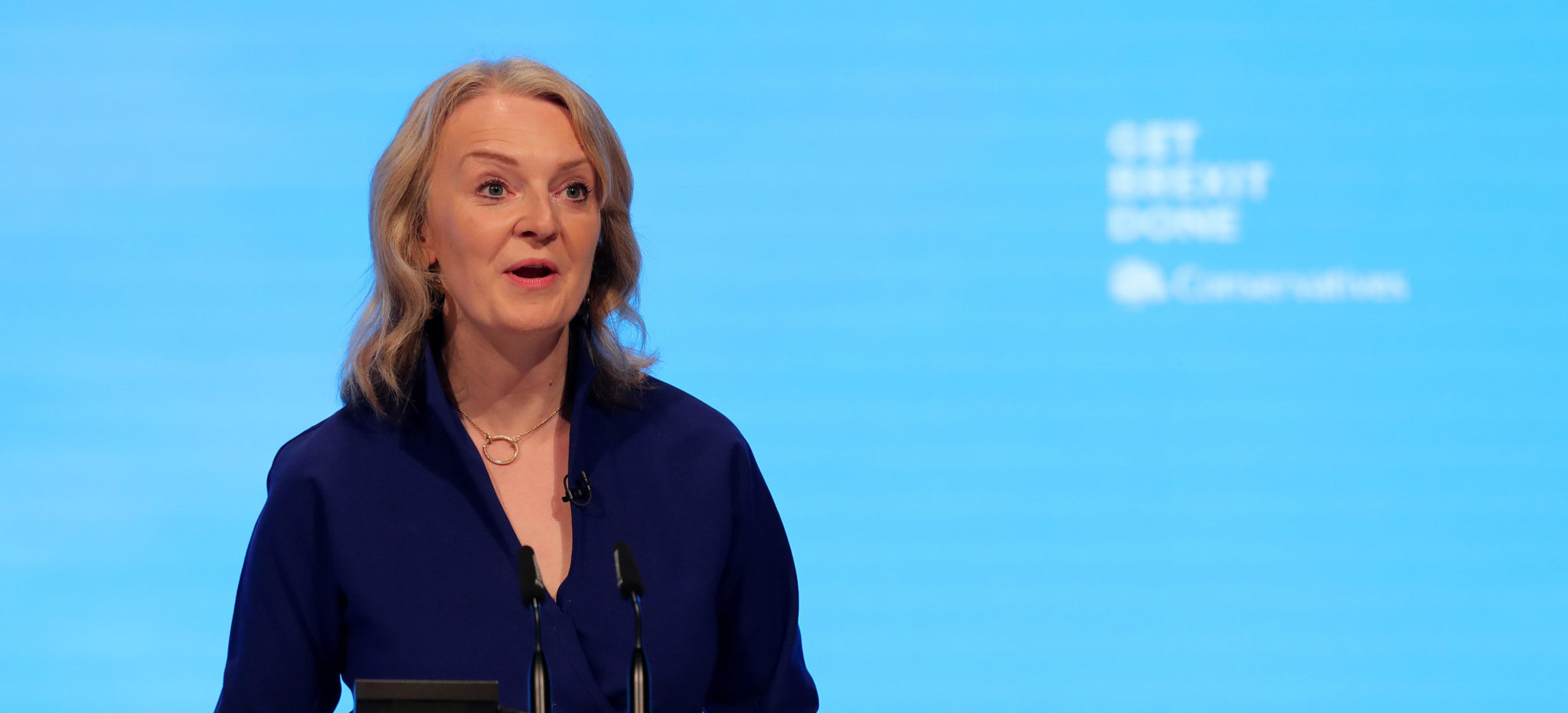 British Minister Liz Truss is seen addressing a Conservative Party conference in Manchester, England in September 2019.