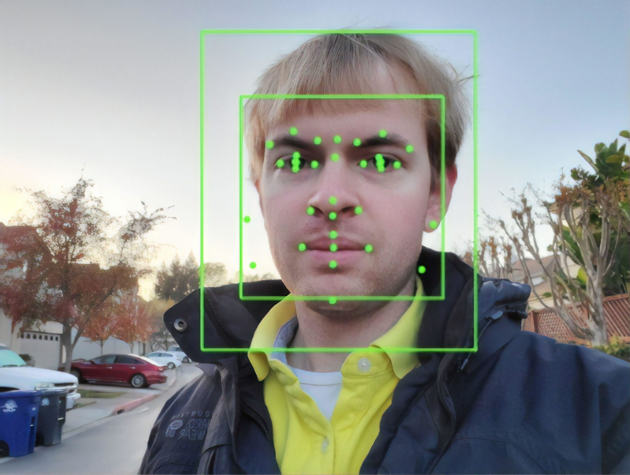 A computer performs facial recognition on a photograph of a man in November 2019.