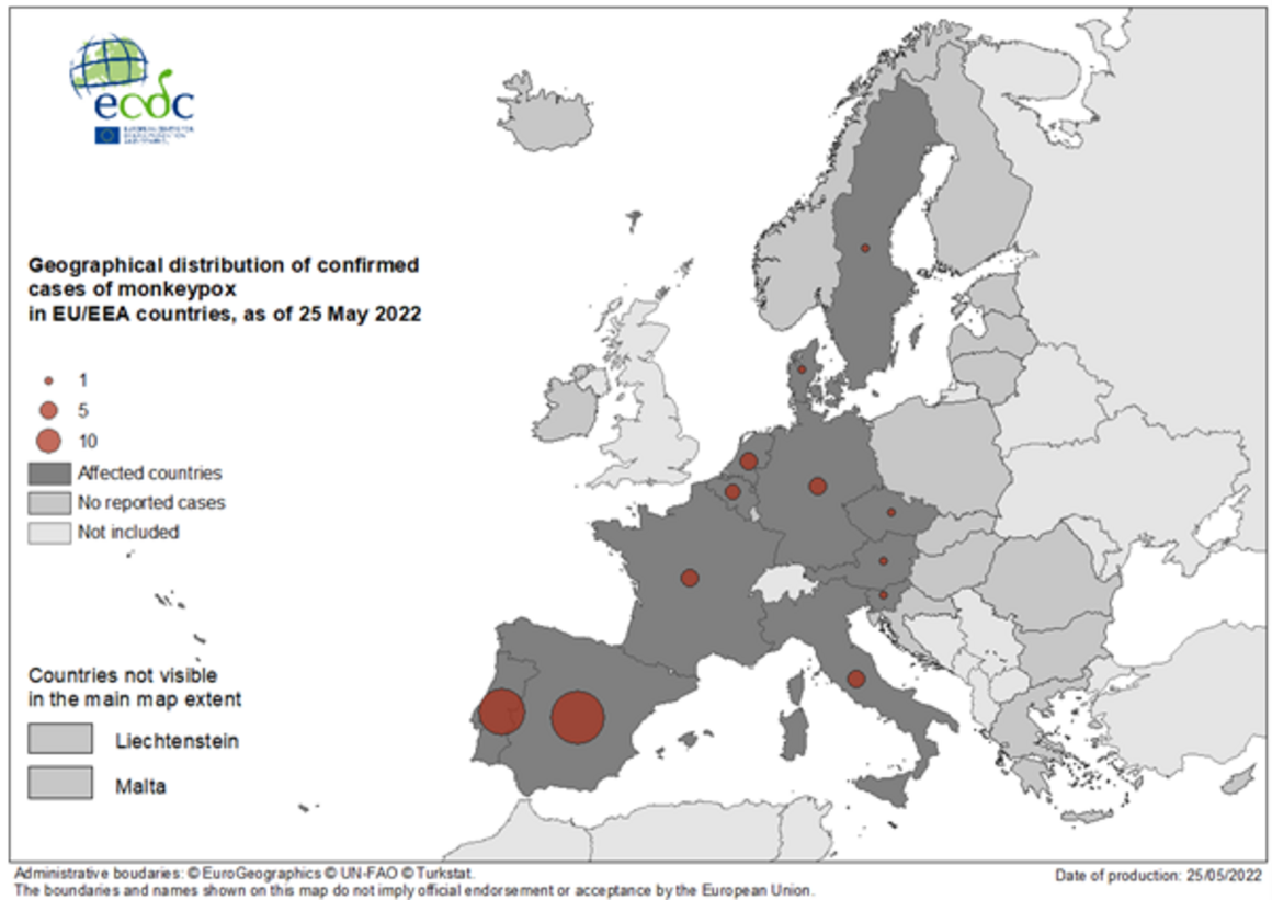 Confirmed monkeypox cases in EU countries as of May 25th. 