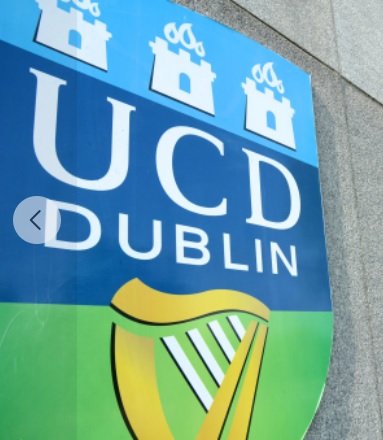 UCD. Image shows UCD logo, on a light blue, darker blue and green background, with the words "UCD Dublin" and a harp symbol on it.