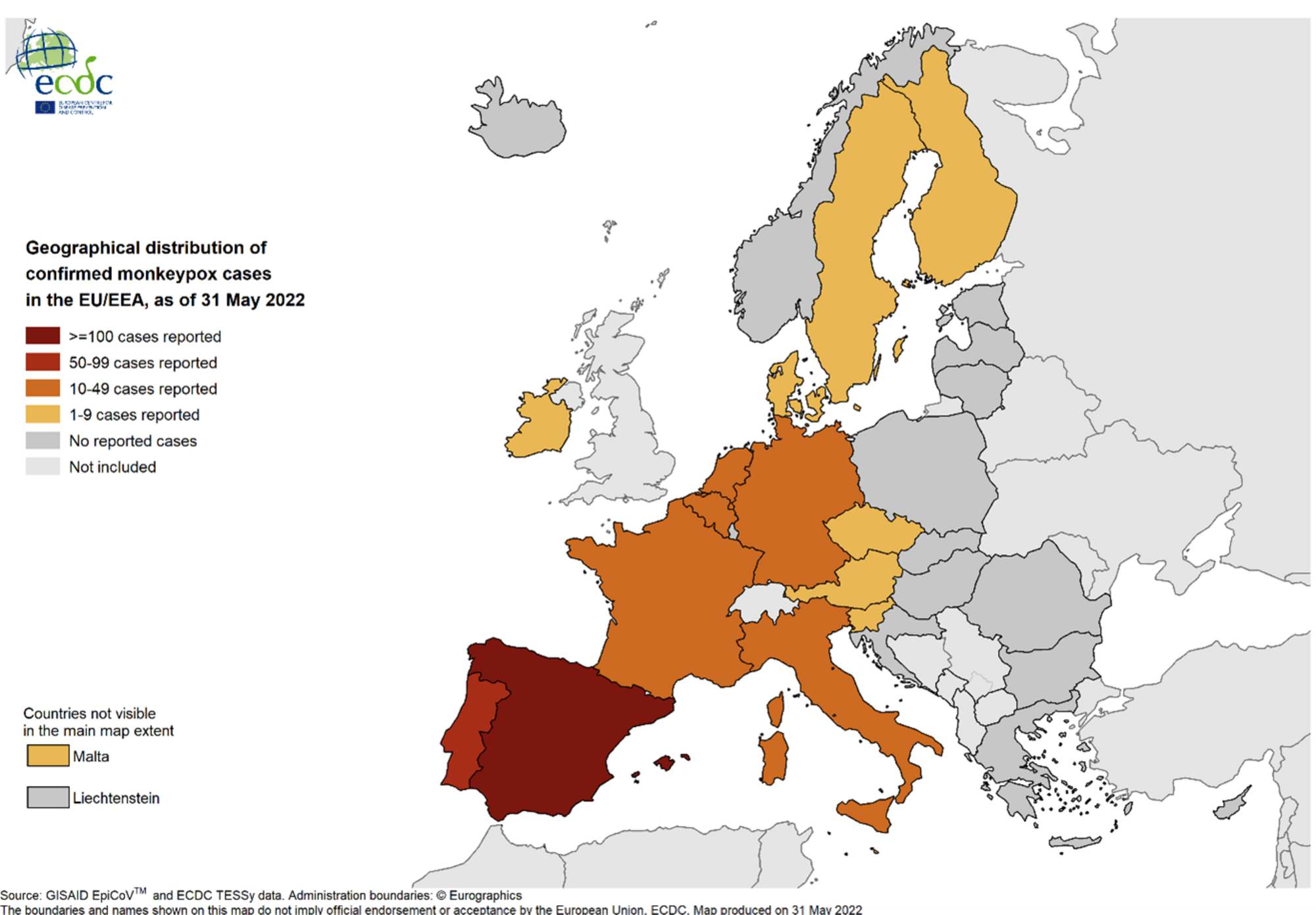 Geographical distribution of confirmed cases of monkeypox in EU/EEA countries, as of May 31st 2022.