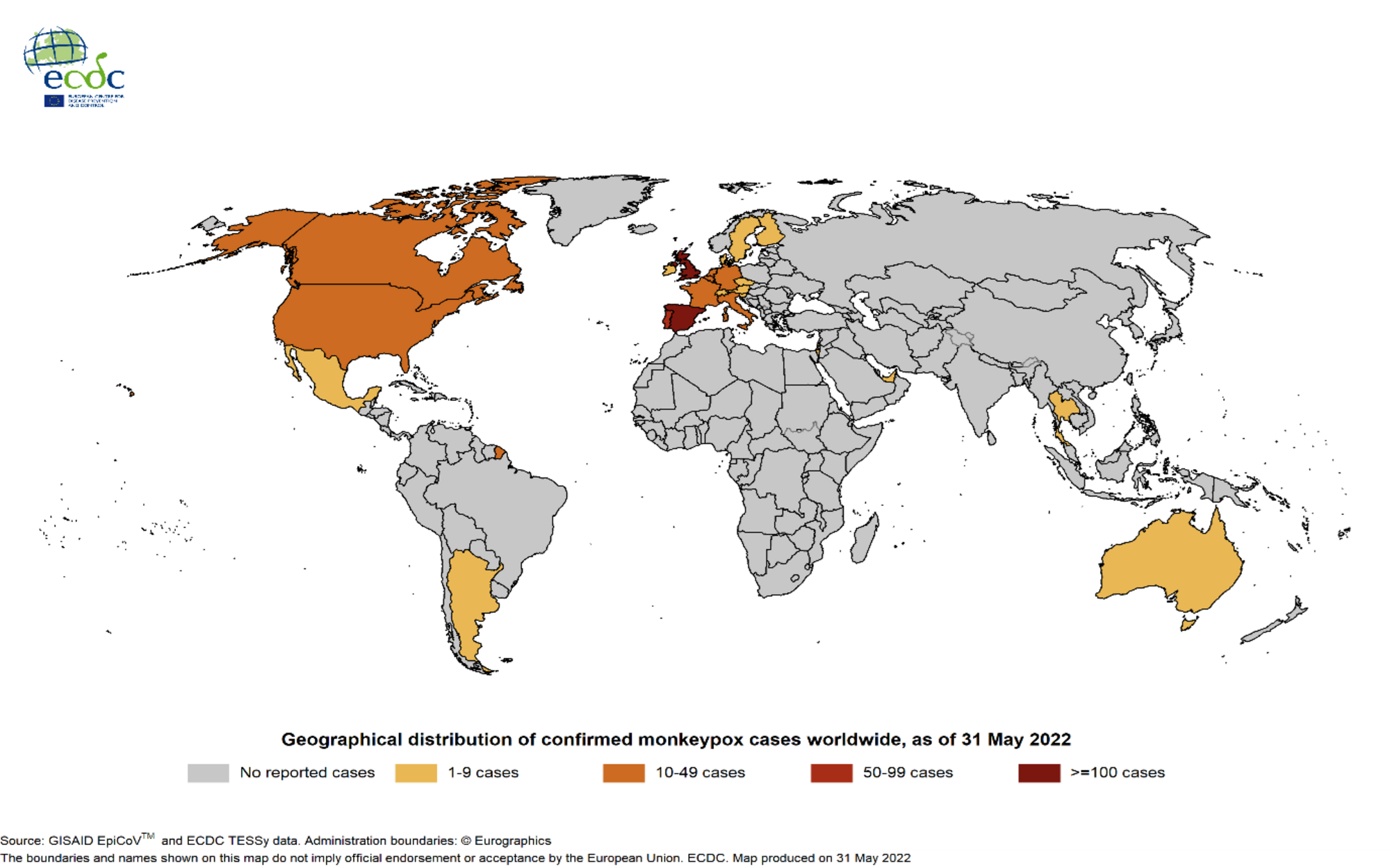 Geographical distribution of confirmed cases confirmed cases of monkeypox worldwide, as of May 31st 2022