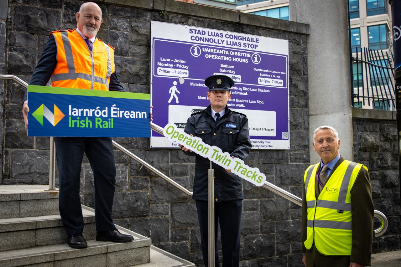 Billy Gilpin from Iarnród Éireann, Superintendent Barry Doyle and Harry Seymour of Transdev launch Operation Twin Tracks at Dublin's Connolly Station
