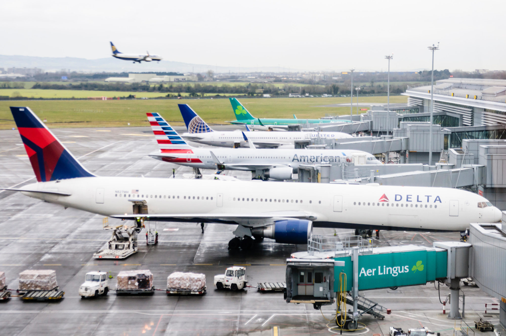 Delta, American and United planes on stand at Dublin Airport. Image: Stephen Barnes/Travel / Alamy Stock Photo