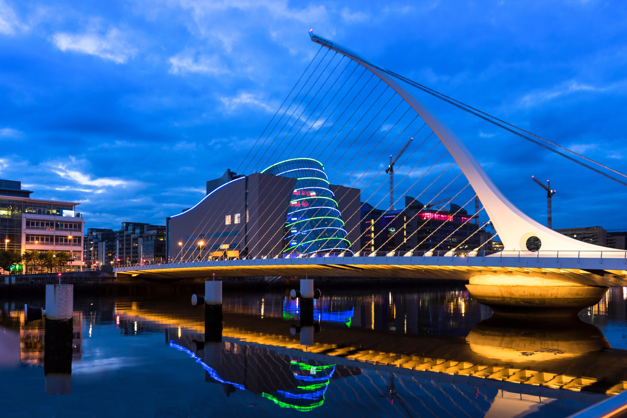The Samuel Beckett Bridge and Convention Centre Dublin are seen in May 2019.