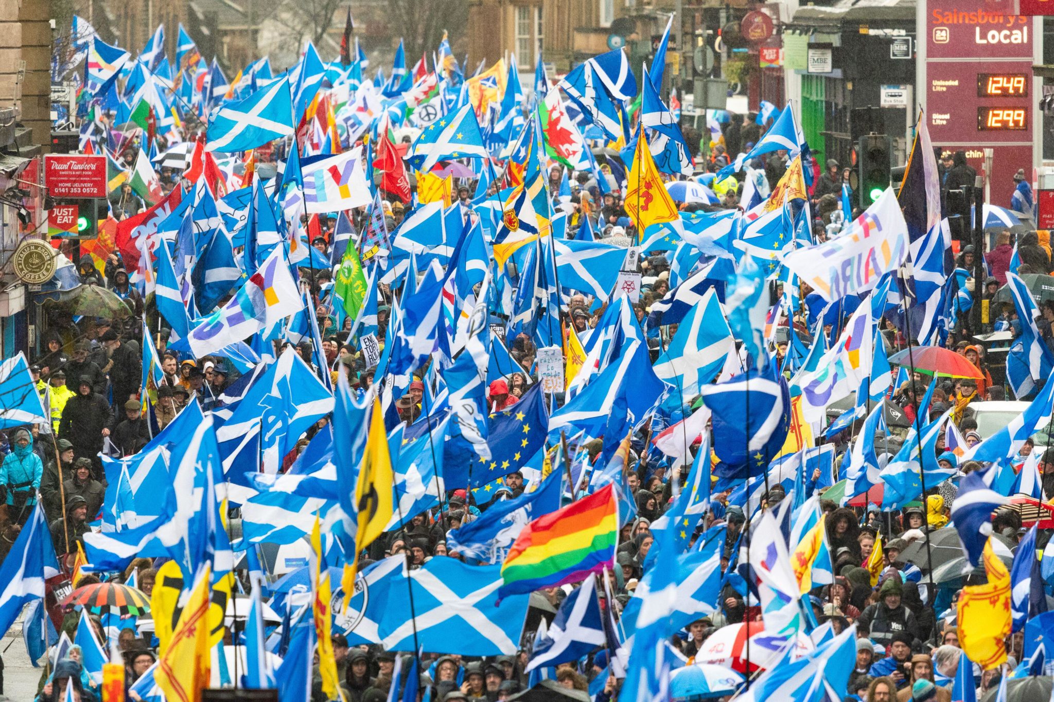 Scottish independence supporters marching through the streets of Glasgow, Scotland in January 2020.