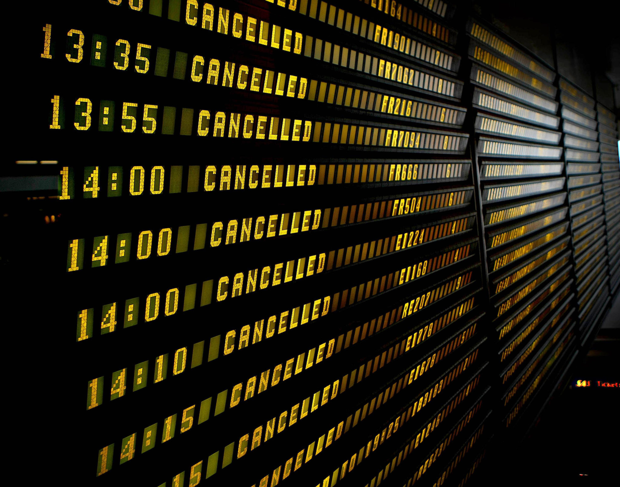 A flight information board at Dublin Airport is seen during an air traffic control strike in January 2010.