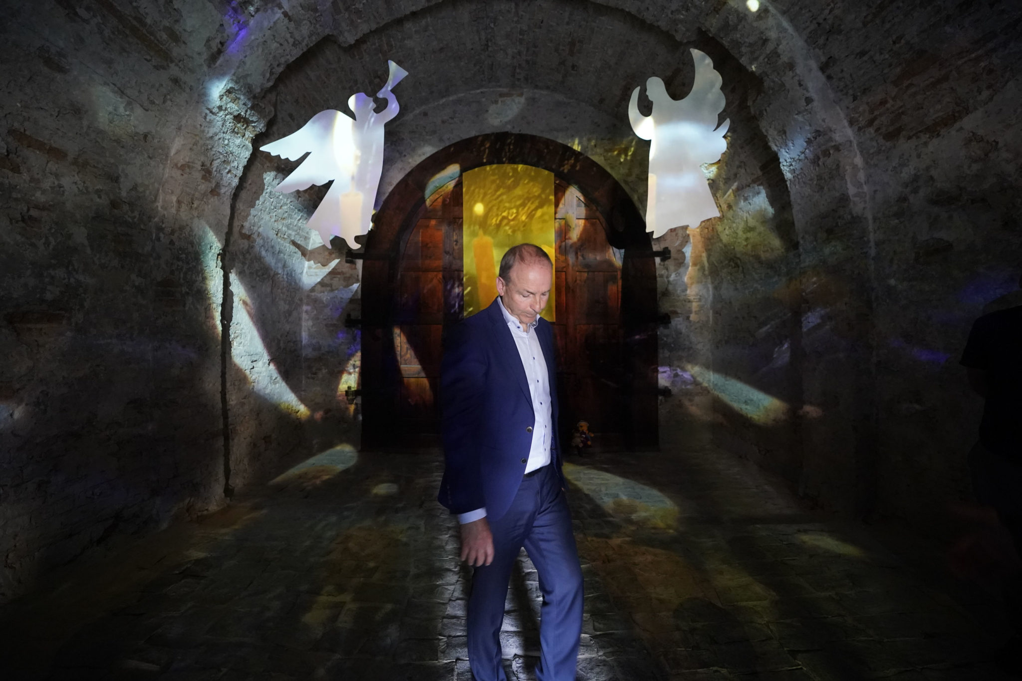 Taoiseach Micheal Martin views the memorial to children killed during the Russian invasion at the Crucified Ukraine Exhibition at the National Museum of the History of Ukraine in the Second World War in Kyiv