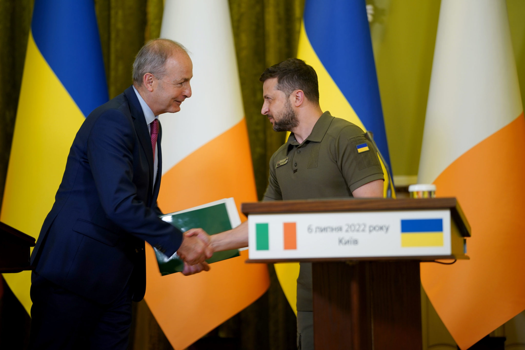 Ukrainian President Volodymyr Zelenskyy greets then-Taoiseach Micheál Martin