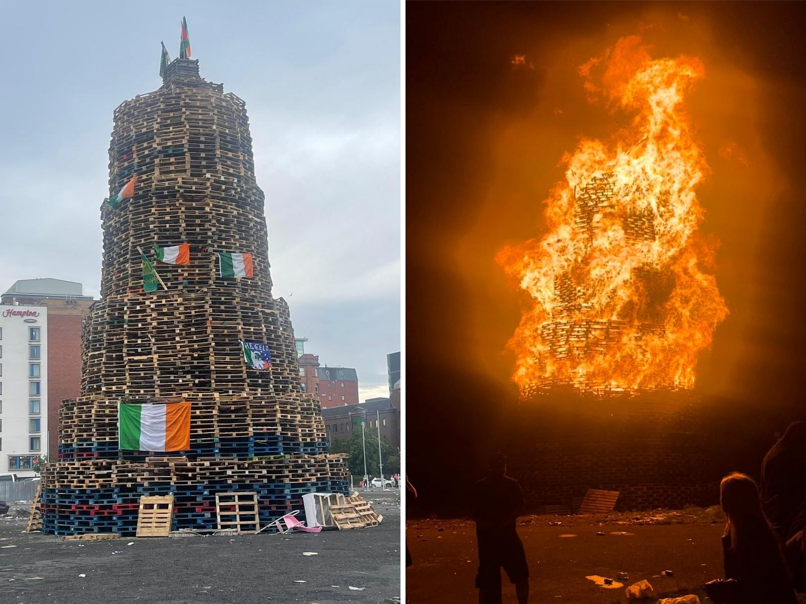 A pre and post picture of an eleventh night bonfire with Irish flags.