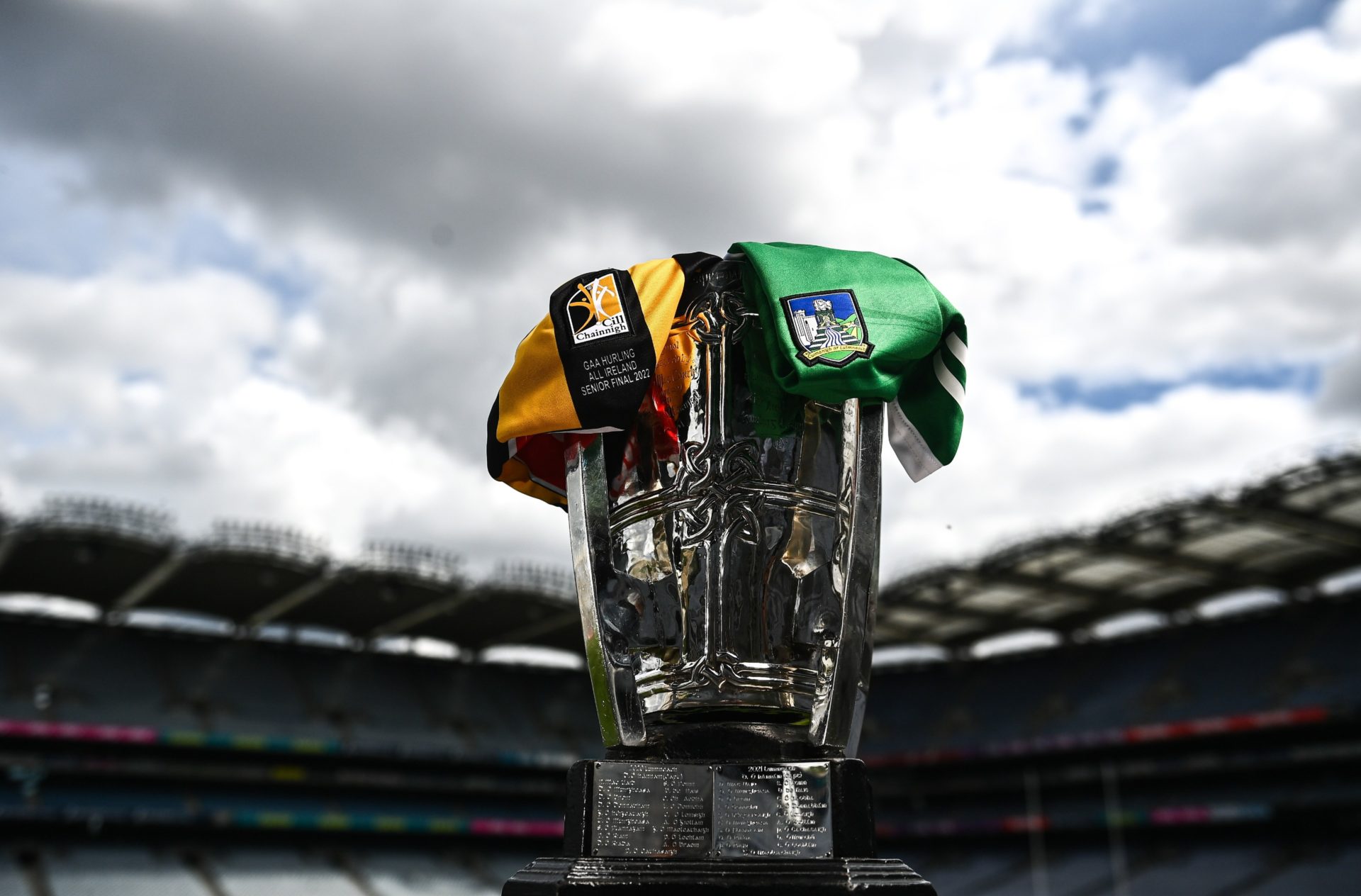 The Liam MacCarthy Cup with a Limerick and Kilkenny jersey. Image: David Fitzgerald/Sportsfile