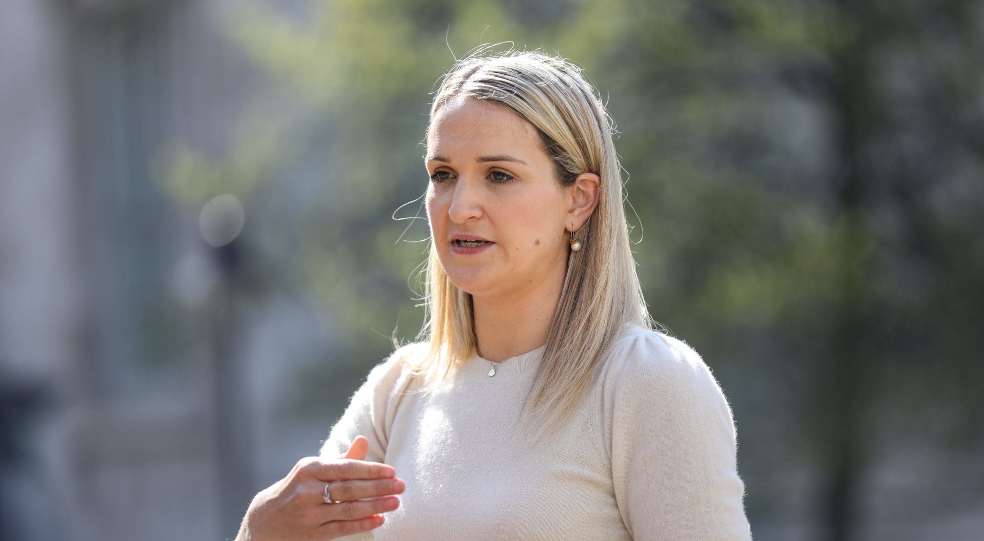Minister for Justice Helen McEntee is seen at a media doorstep in April 2022.