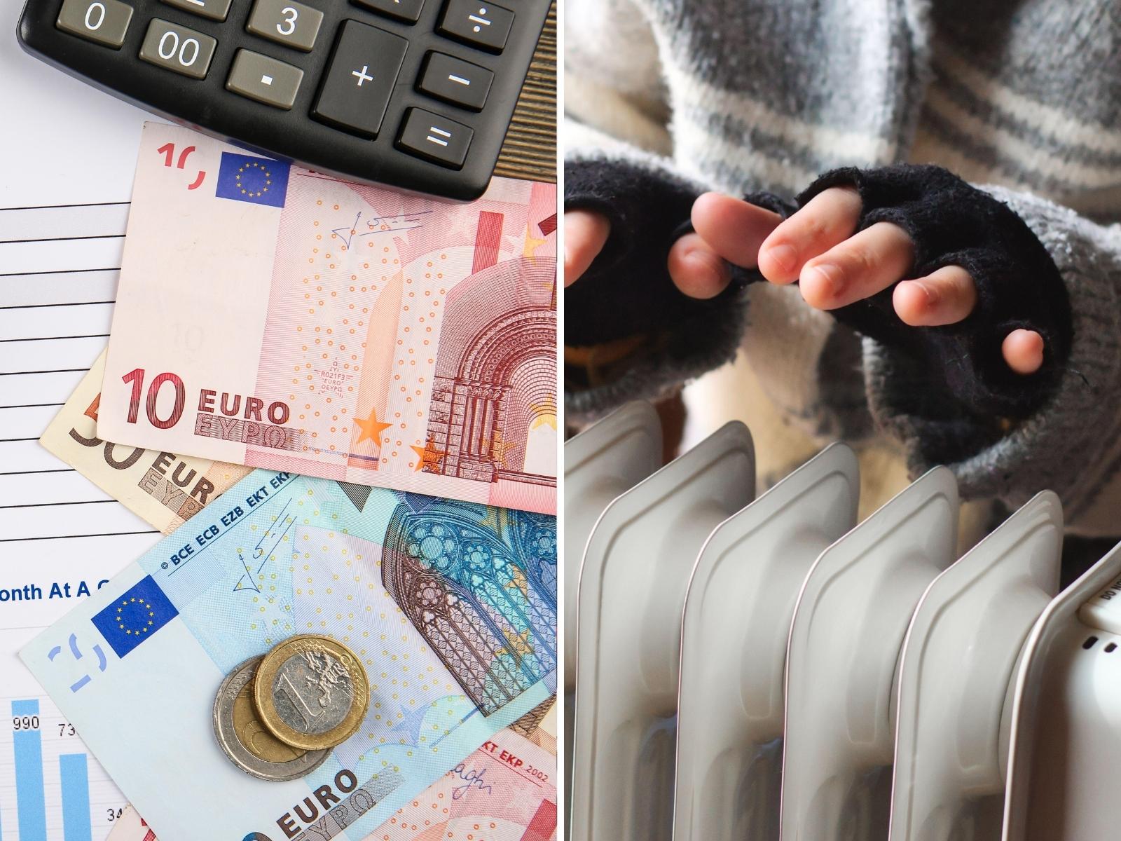 A split-screen of a Euros and a person warming themselves on a heater.