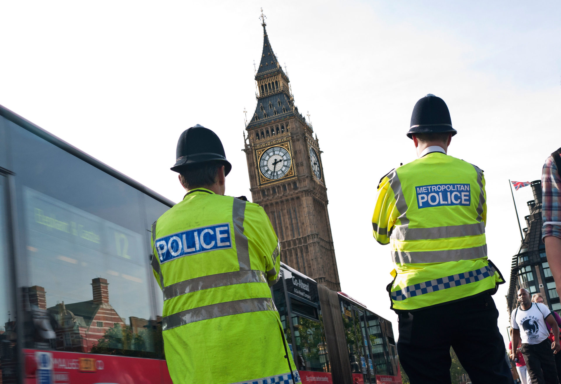 Metropolitan Police officers are seen near the British Houses of Parliament in London, England. 
