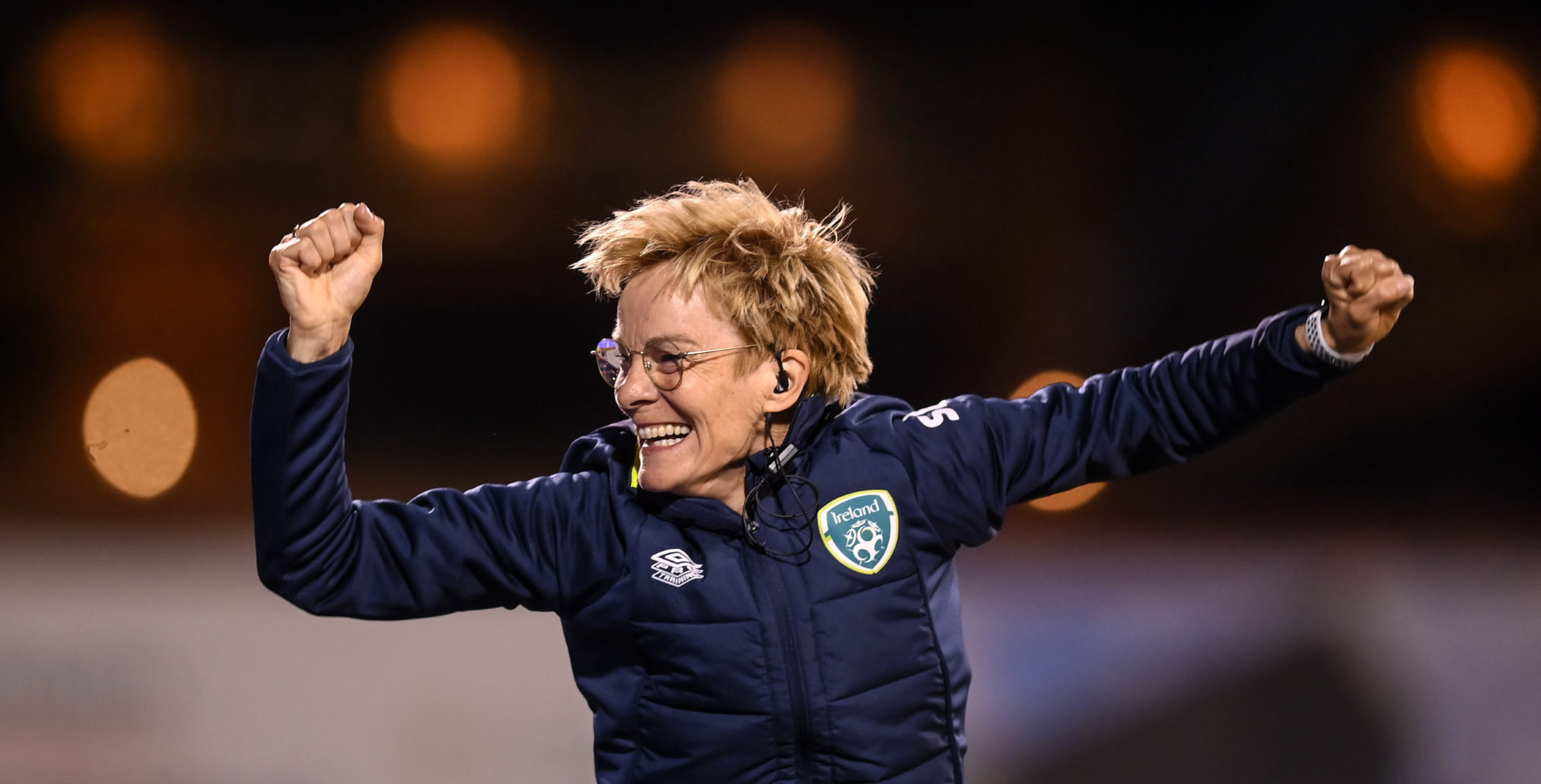 Republic of Ireland manager Vera Pauw celebrates at the final whistle of the FIFA Women's World Cup 2023 qualifier match between Republic of Ireland and Finland at Tallaght Stadium in Dublin, 01-09-2022. Image: Stephen McCarthy/Sportsfile