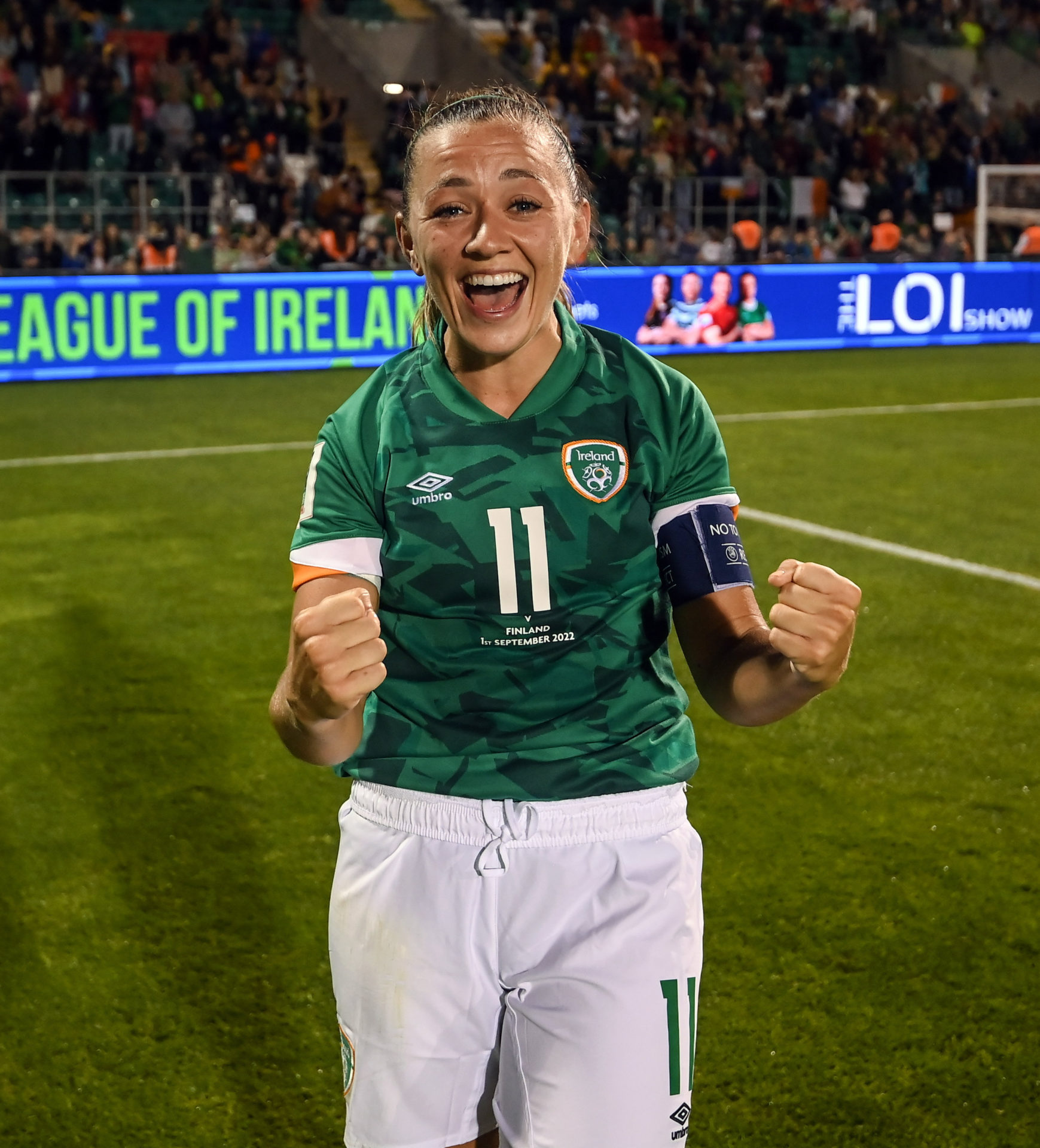 Ireland captain Katie McCabe celebrates after the FIFA Women's World Cup 2023 qualifier match between Republic of Ireland and Finland at Tallaght Stadium in Dublin