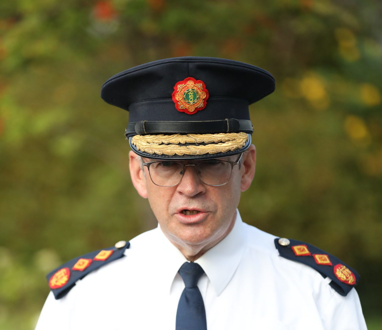 Garda Commissioner Drew Harris speaking at Tallaght Garda station in August 2022