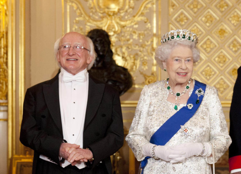 President Michael D Higgins and Britain's Queen Elizabeth II prior to a state banquet at Windsor Castle during a visit in April 2014.