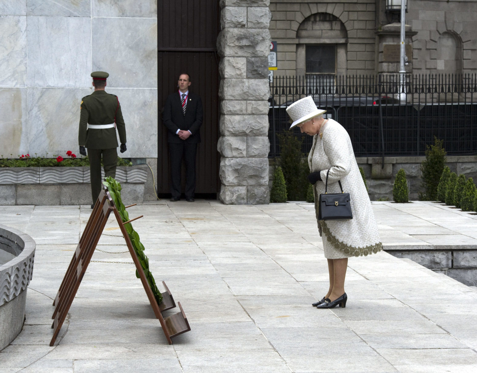 Britain's Queen Elizabeth II lays a wreath at the Garden of Remembrance in Dublin city in May 2011, which honours all those who fought for Irish freedom from British rule.