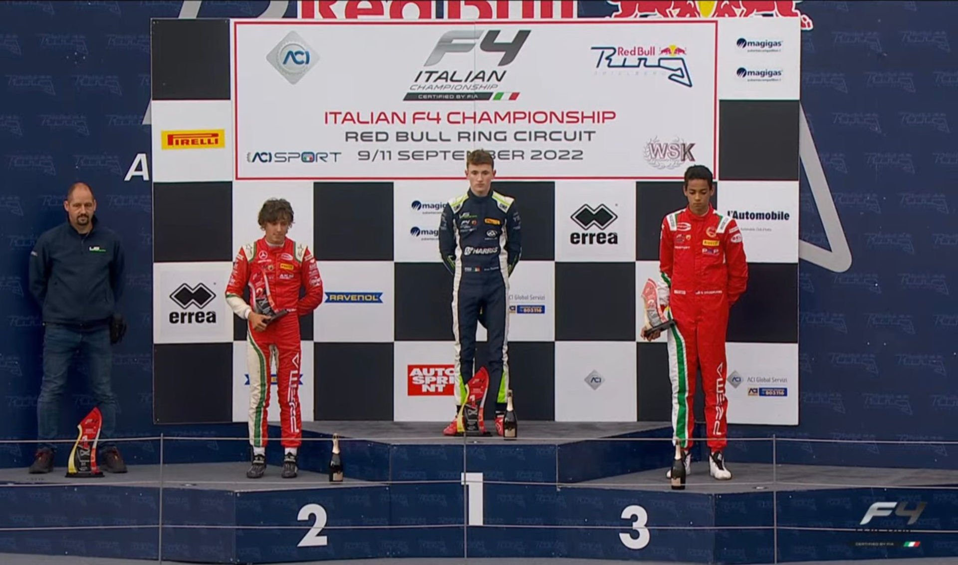 Alex Dunne on the podium after his Formula 4 win in Austria this weekend.
