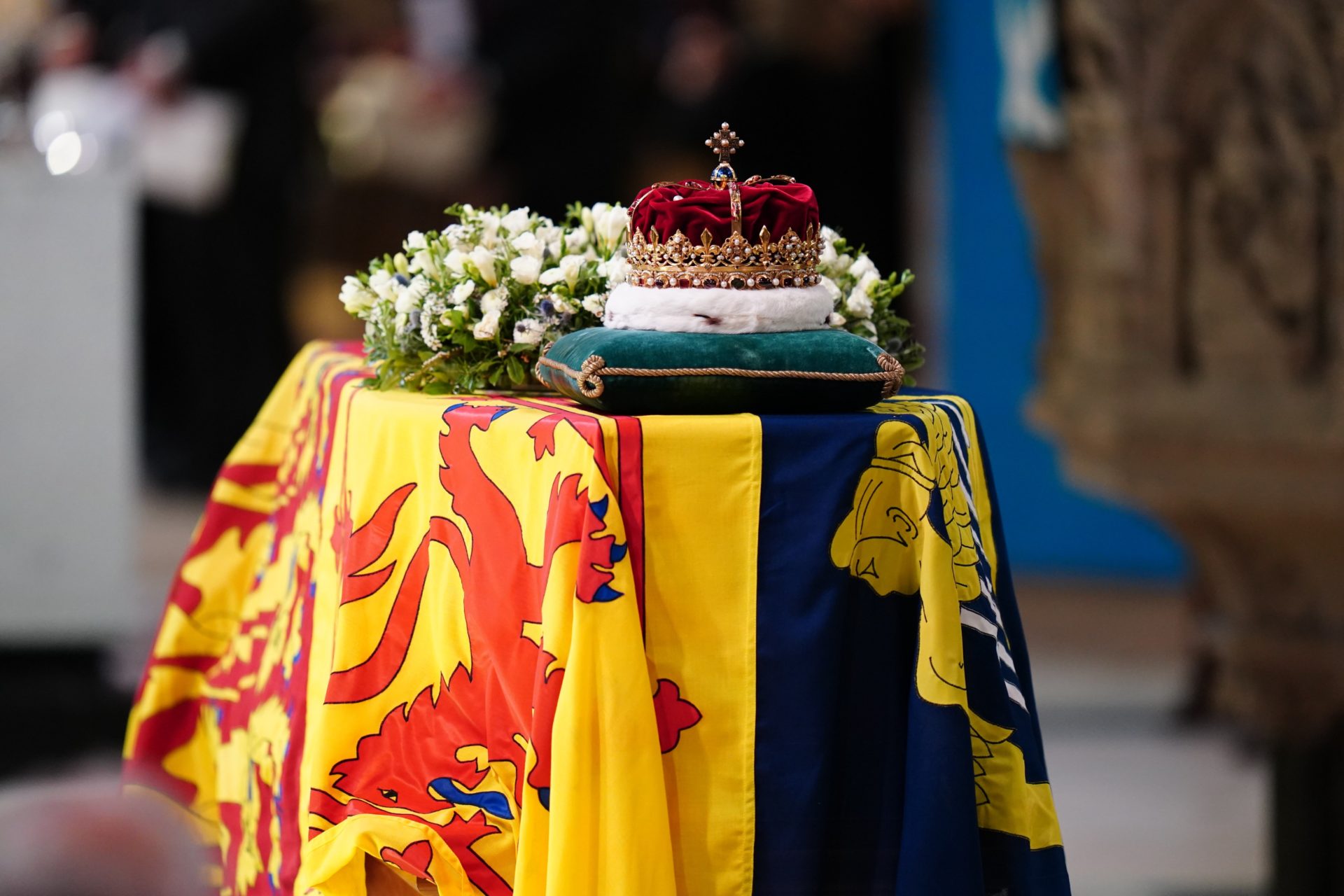 The coffin of Britain's Queen Elizabeth II is seen in St Giles' Cathedral in Edinburgh, Scotland