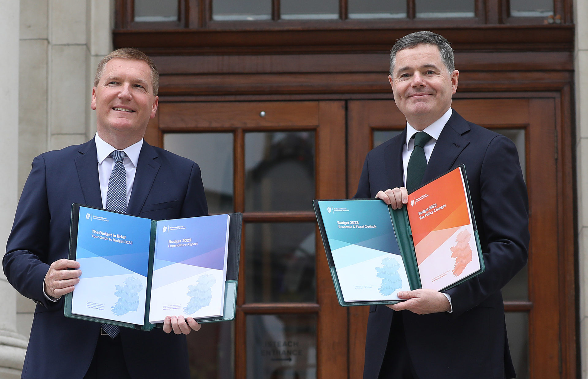 Minister for Finance Paschal Donohoe and Minister for Public Expenditure and Reform Michael McGrath prepare to deliver Budget 2023.