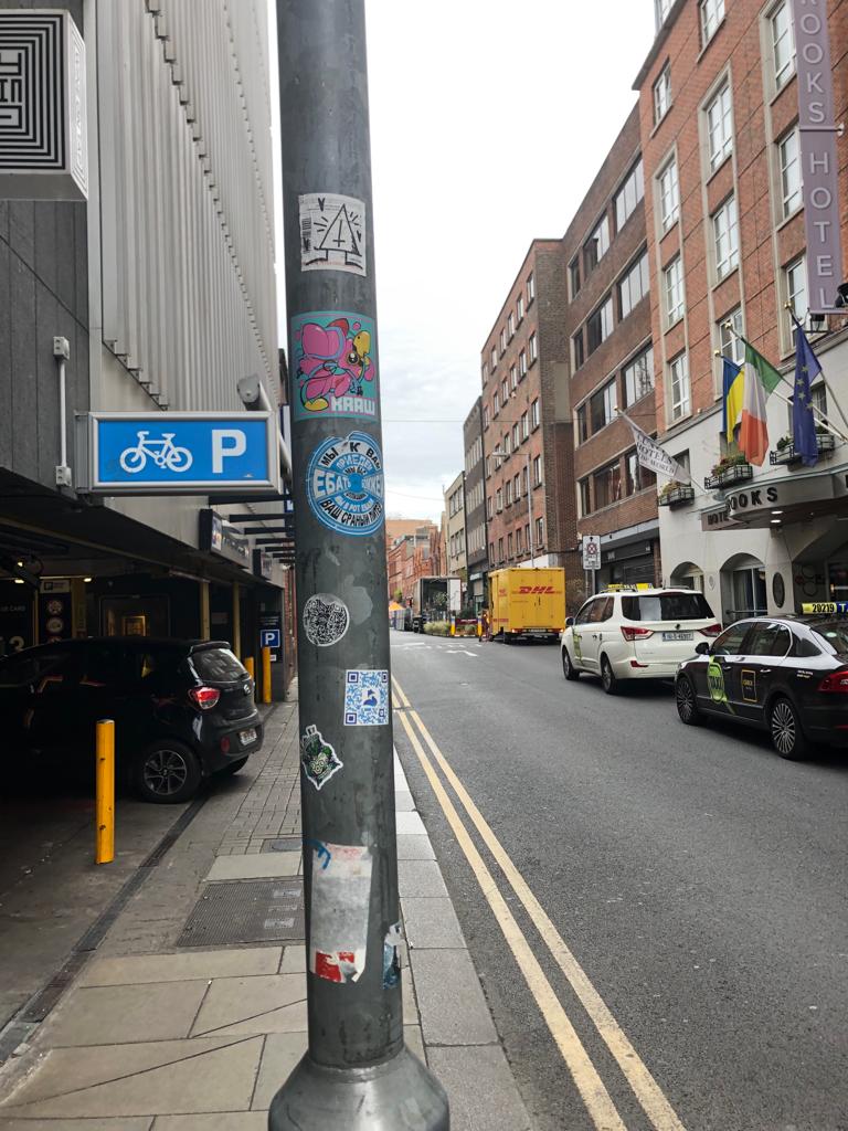 Street pole stickers in Dublin. Image: Emma Tyrrell/Newstalk