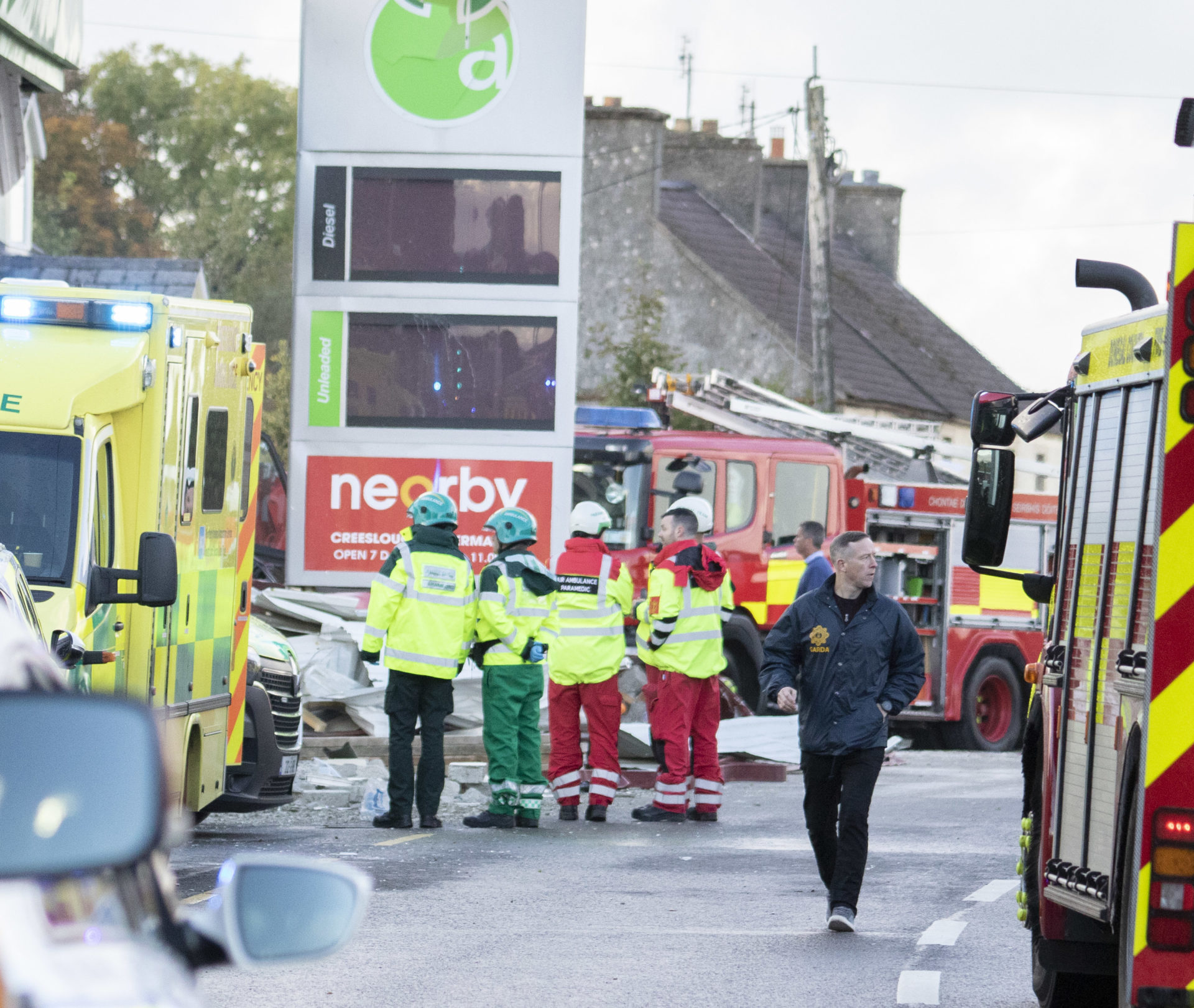 Emergency services at the scene of an explosion at a service station in the north Donegal village of Creeslough. 