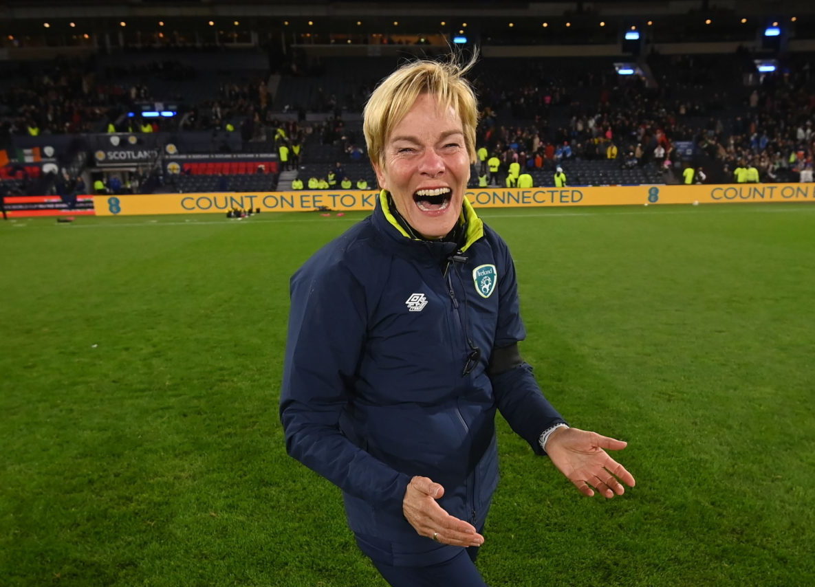 Republic of Ireland manager Vera Pauw celebrates after the FIFA Women's World Cup 2023 Play-off match between Scotland and Ireland at Hampden Park in Glasgow, Scotland.