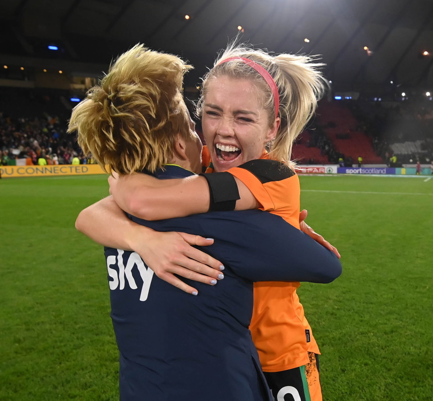 Republic of Ireland manager Vera Pauw and Denise O'Sullivan of Republic of Ireland after the FIFA Women's World Cup 2023 Play-off match between Scotland and Republic of Ireland at Hampden Park in Glasgow, Scotland. 