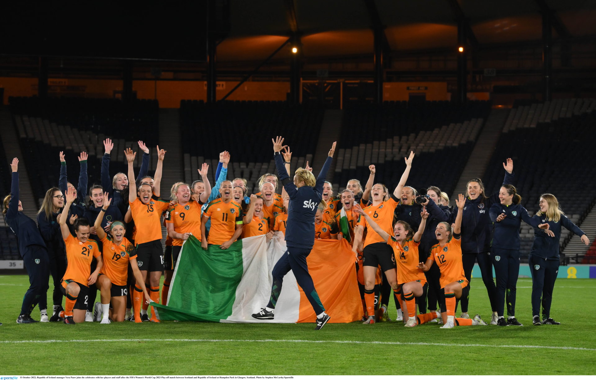 Republic of Ireland manager Vera Pauw joins the celebrations with her players and staff after the FIFA Women's World Cup 2023 Play-off match between Scotland and Republic of Ireland at Hampden Park in Glasgow, Scotland