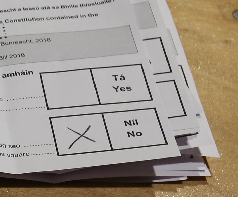 A ballot paper is seen marked during a referendum vote count at the RDS in Dublin in May 2018. 