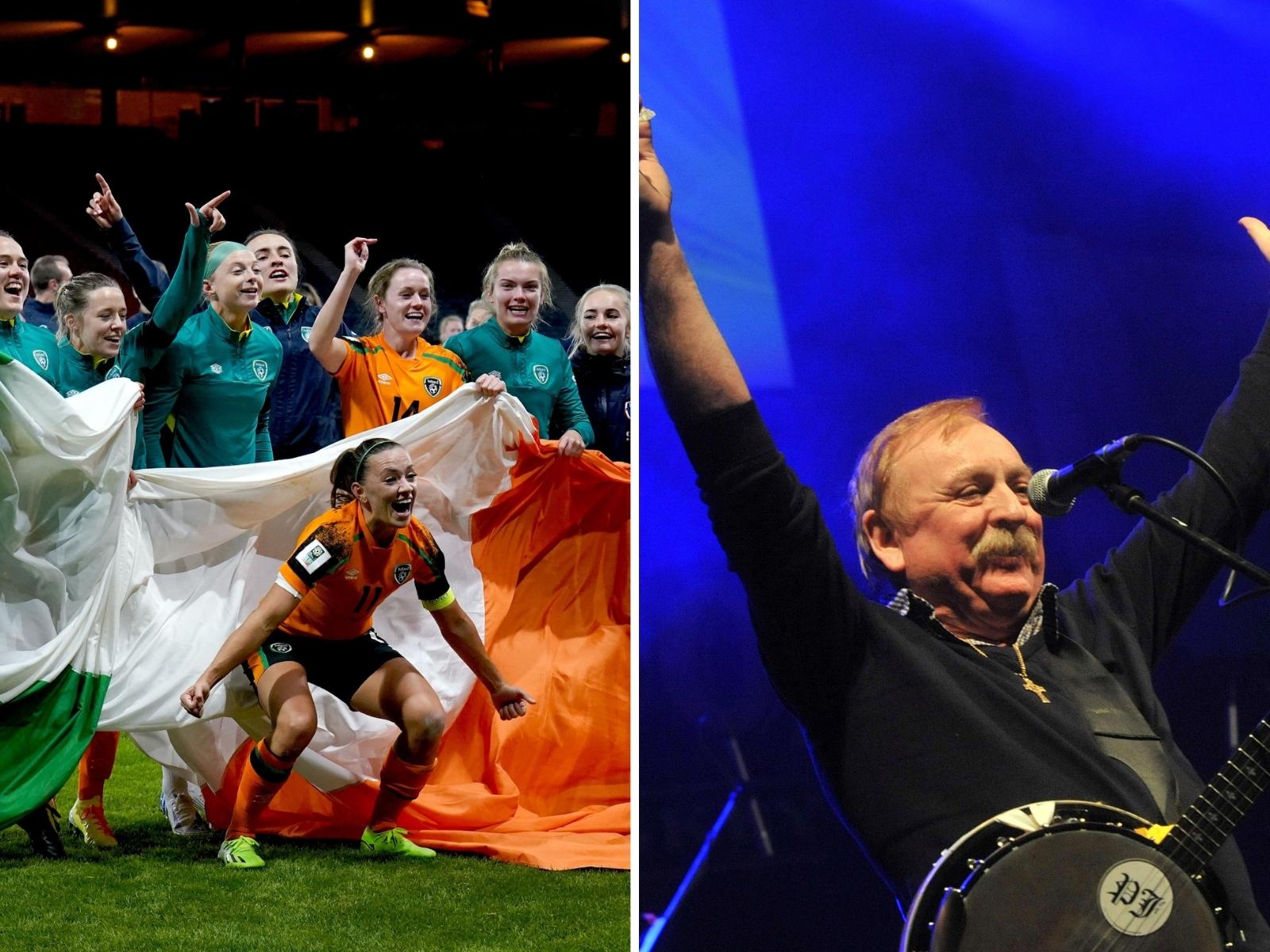 A split-screen of the Irish team and Wolfe Tones singer Brian Warfield.