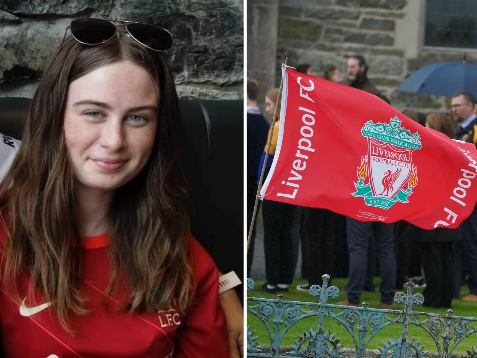 A split-screen of Leona Harper and the Liverpool flag flying at her funeral.