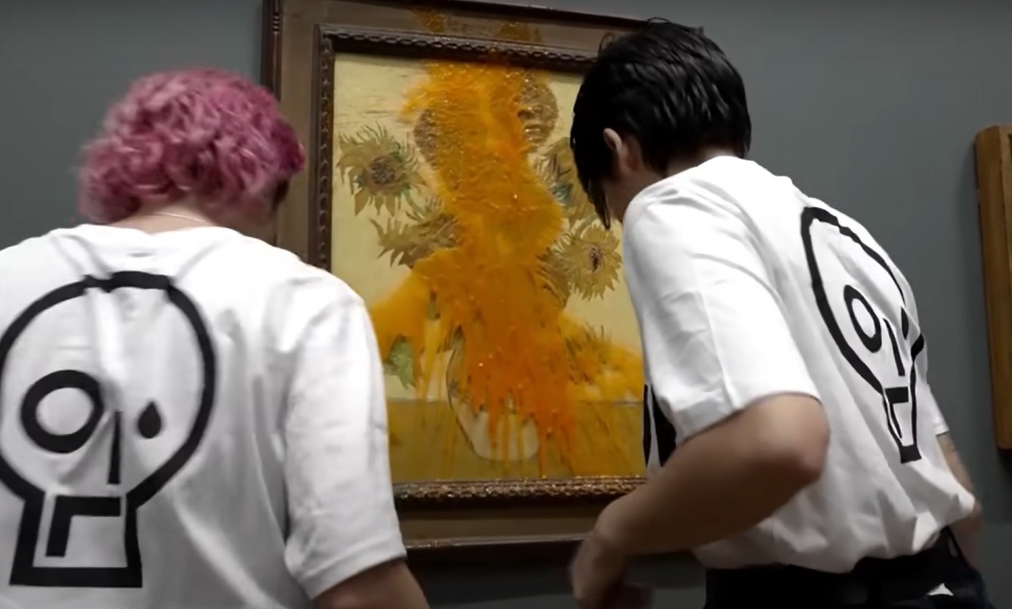 Activists throw soup on Vincent van Gogh's 'Sunflowers' at the National Gallery in London, England. 