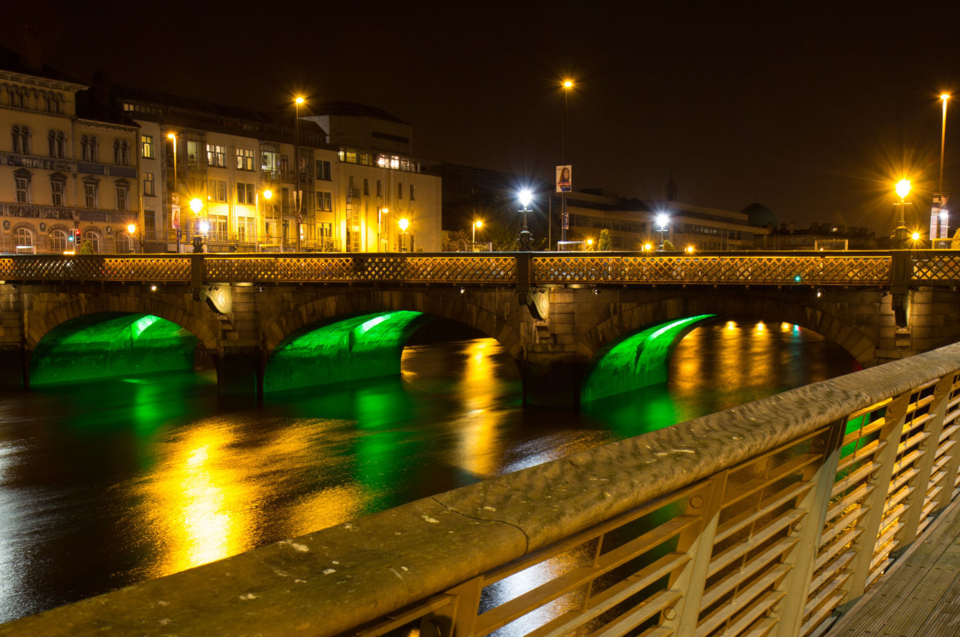 A view of Capel Street Bridge in Dublin city at night.