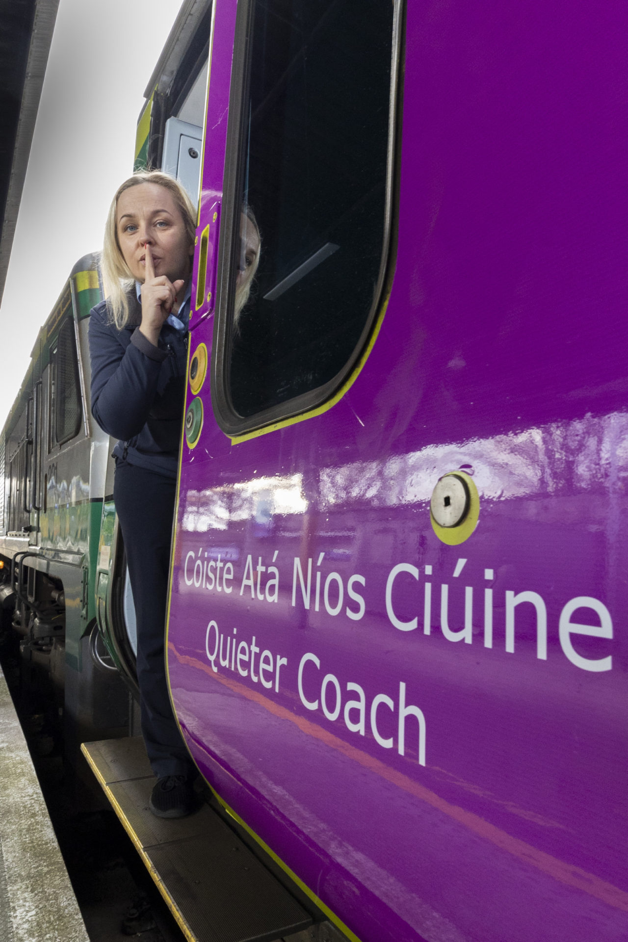Train Host Alex Opel pictured onboard a Heuston to Cork service to mark the reintroduction of quieter carriages.