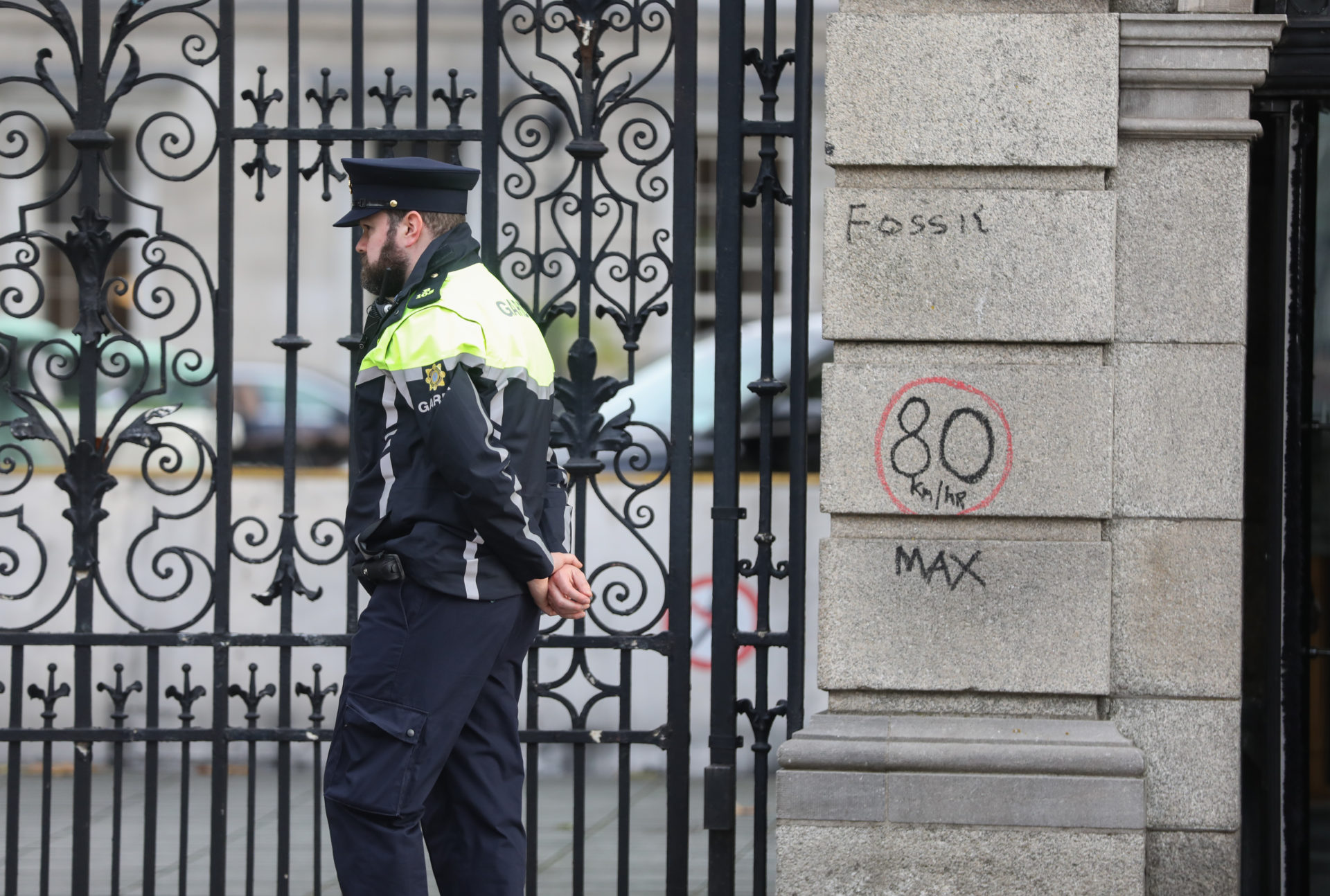 Graffiti protesting climate change was scrawled on the wall outside Leinster House today, 11-11-2022. Image: Leah Farell/RollingNews 