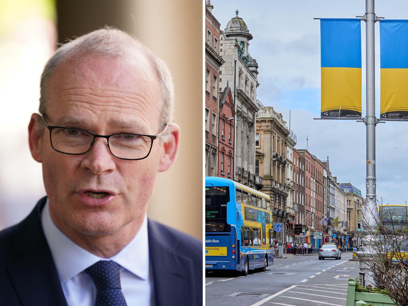 A split-screen of Foreign Affairs Minister Simon Coveney and Dame Street in Dublin decked un Ukraine flags.