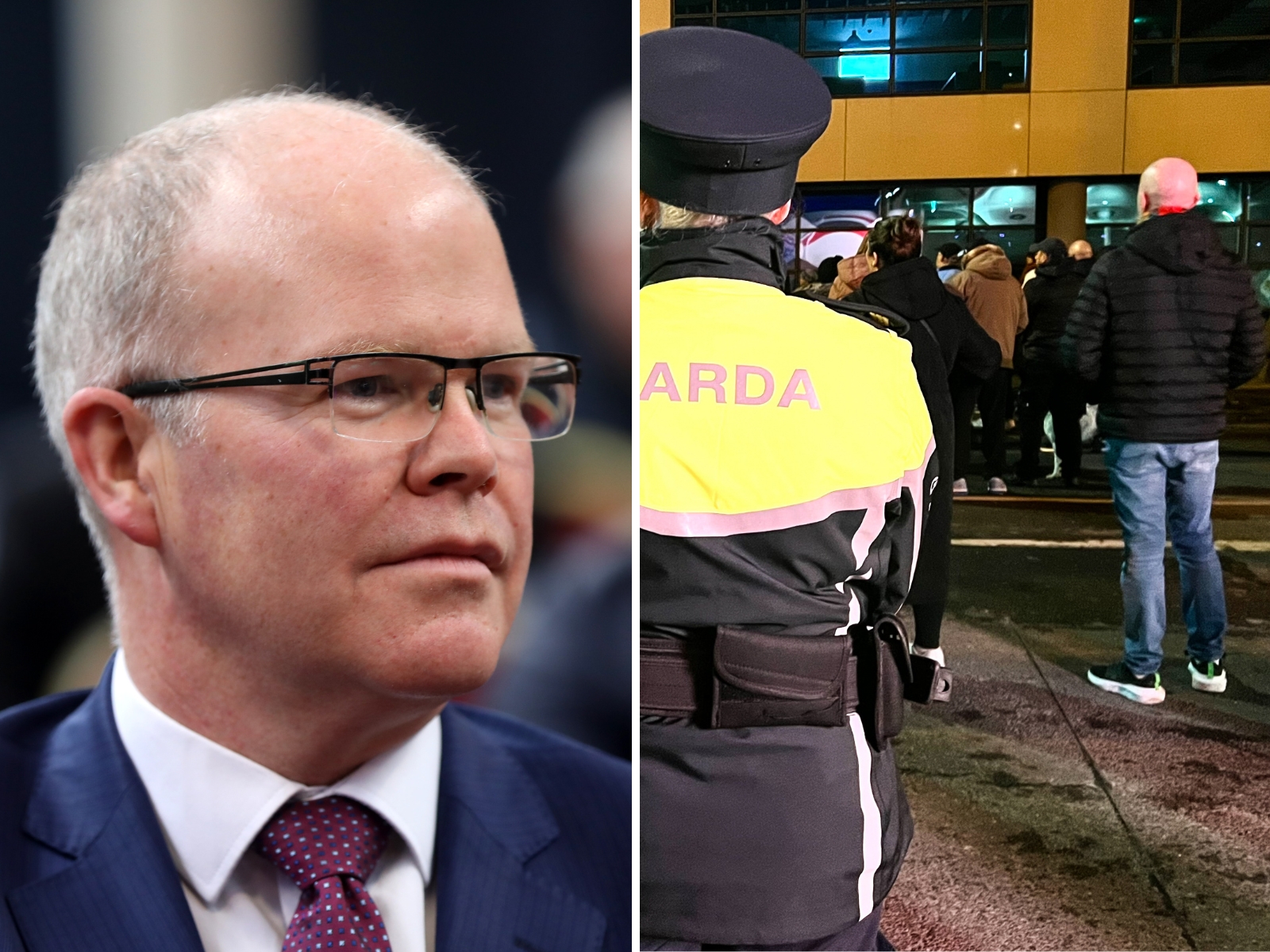 A split-screen of Peadar Tóibín and protesters at East Wall.